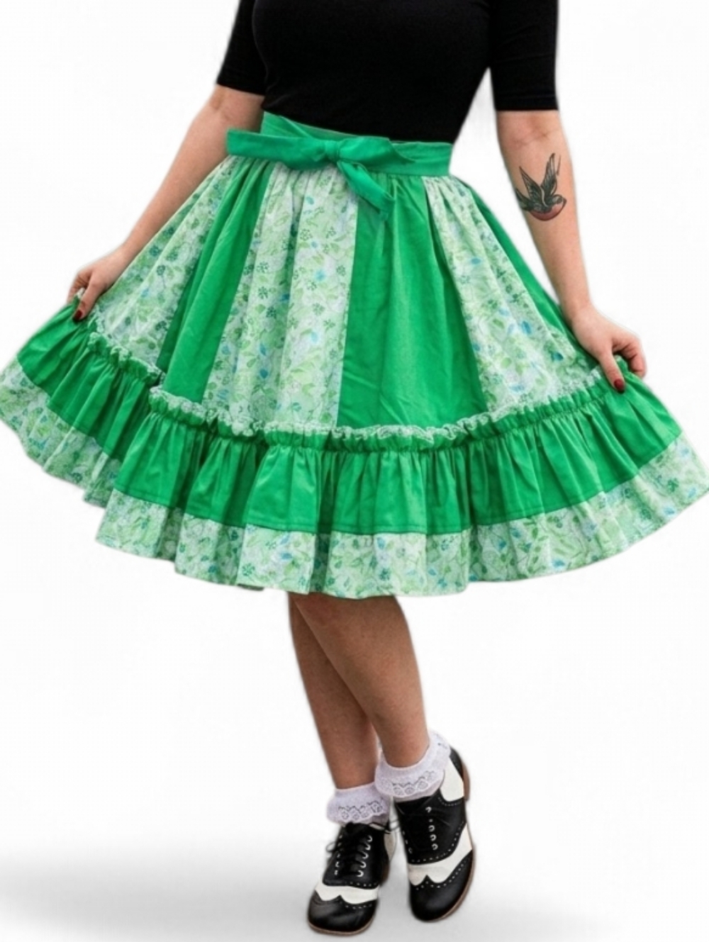 Vintage Green Floral Cotton Square Dance Skirt Cottagecore Prairie Ruffle